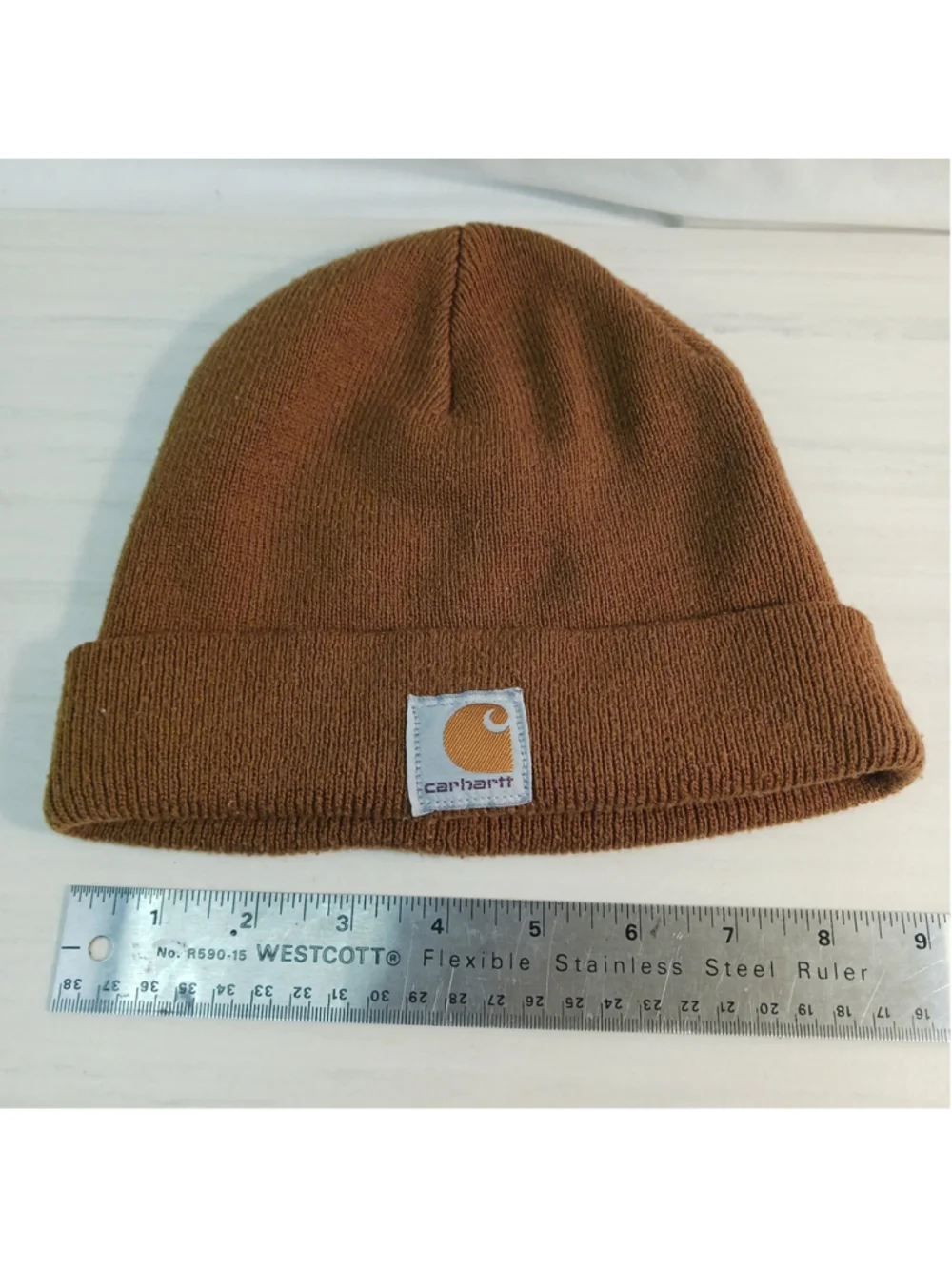Carhartt Brown Knit Cuffed Beanie Hat Youth One Size Logo Made In USA